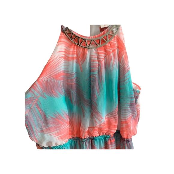 No Boundaries Peachy Palm Print & Mint Halter Maxi Dress-size Medium - Picture 6 of 7